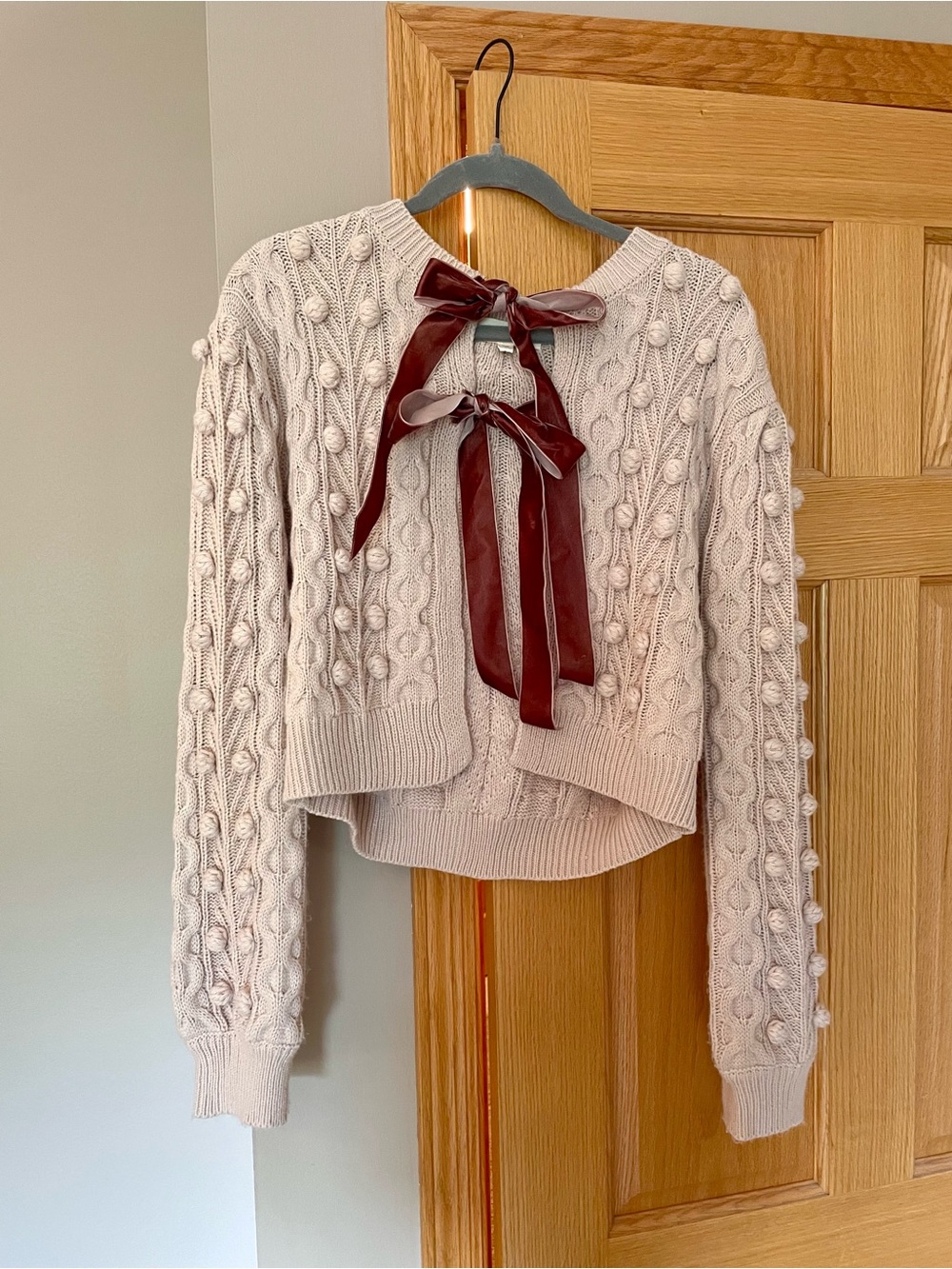 Cable Knit Bow Sweater Cardigan - Cream, Mauve